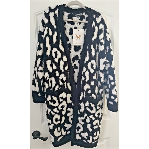 White Mark Women's Plus Size Leopard Print Open Front Sherpa Cardigan 2X/3X - Picture 5 of 9